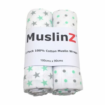 MuslinZ Manta Swaddle de 100% algodón, paquete de 2, Menta / Mancha gris / Estrella