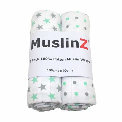 Couverture d'emmaillotage 100% coton MuslinZ 2pk Mint / Grey Spot / Star