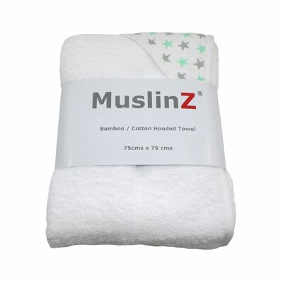 MuslinZ Toalla de felpa de bambú / algodón con capucha MuslinZ Blanco / Menta Estampado de estrellas