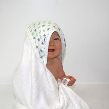 Serviette éponge à capuche en bambou/coton MuslinZ Blanc / Menthe Imprimé étoiles 3