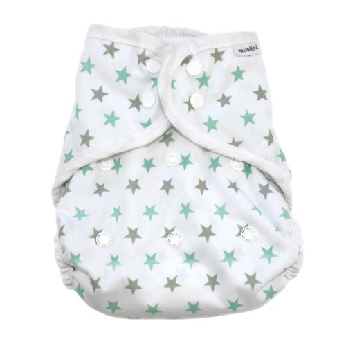 MuslinZ Washable Nappy Wrap Cover Size 2 Mint/Grey Stars