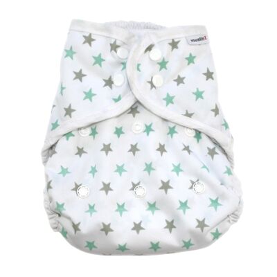 MuslinZ Washable Nappy Wrap Cover Size 2 Mint/Grey Stars