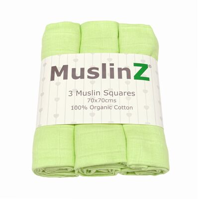 MuslinZ Lot de 3 carrés de mousseline 100% coton biologique Vert