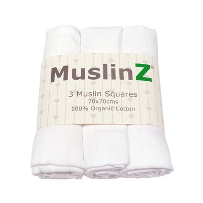 MuslinZ Cuadritos de muselina 100% algodón orgánico, paq. De 3, Blanco