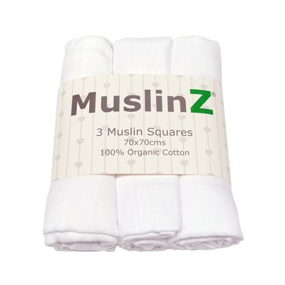 MuslinZ Lot de 3 carrés de mousseline 100% coton biologique Blanc