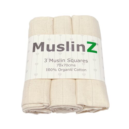MuslinZ 3pk 100% Organic Cotton Muslin Squares Natural