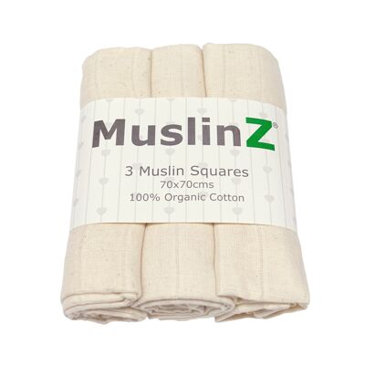 MuslinZ Cuadrados de muselina 100% algodón orgánico, paquete de 3, Natural