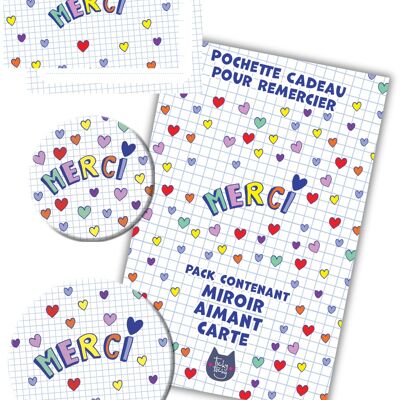 Kit Cadeau Merci Coeurs | Pack Carte + Miroir + Aimant Version Cœurs  | Cadeau pour la maîtresse, la nounou…