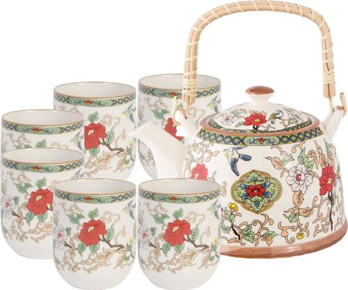 Ceramic tea set with 6 cups and teapot with bamboo handle in gift box. TK-240-1