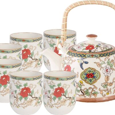Ceramic tea set with 6 cups and teapot with bamboo handle in gift box. TK-240-1