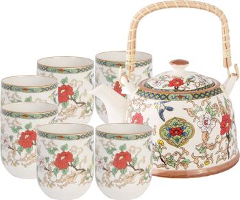 Service à thé en céramique avec 6 tasses et théière avec poignée en bambou dans un coffret cadeau. TK-240-1 1