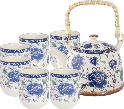 Ceramic tea set with 6 cups and teapot with bamboo handle in gift box. TK-240-2