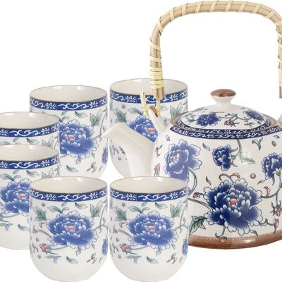 Ceramic tea set with 6 cups and teapot with bamboo handle in gift box. TK-240-2