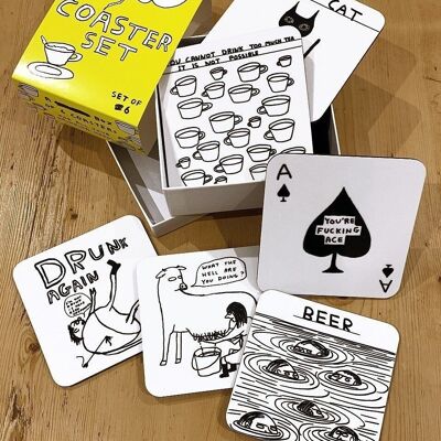 Posavasos (en caja de regalo) - Divertido juego de posavasos - Paquete de 6 diseños mixtos (juego 1)
