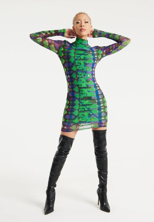 HOUSE OF HOLLAND ABSTRACT SNAKE PRINT MESH MINI DRESS