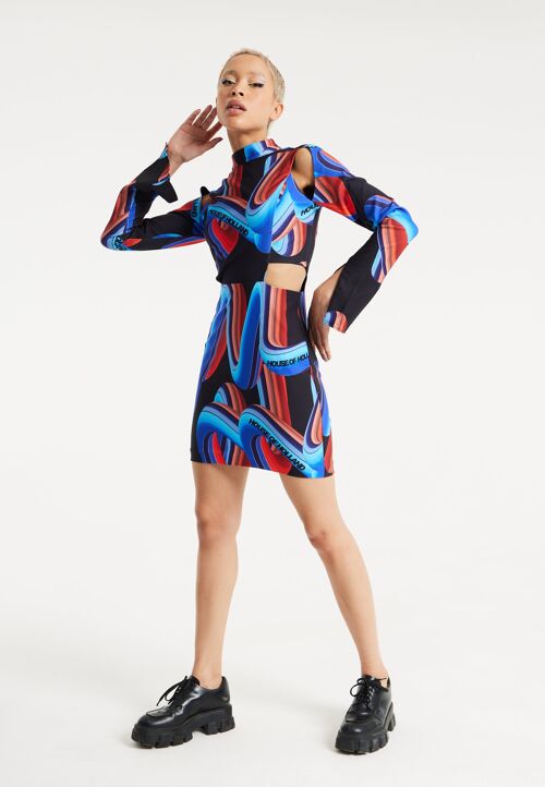 HOUSE OF HOLLAND ABSTARCT PRINT DRESS WITH CUT OUT DETAILS AND SLEEVE SLIT