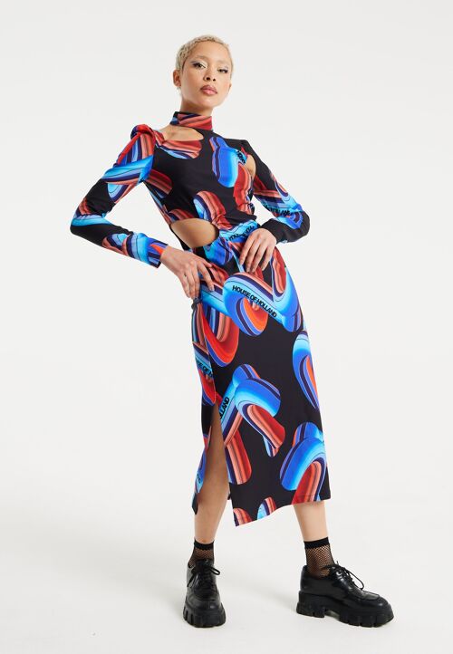 HOUSE OF HOLLAND ABSTRACT PRINT MIDI DRESS WITH CUT OUT DETAILS AND SIDE SLITS