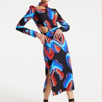 HOUSE OF HOLLAND ABSTRACT PRINT MIDI DRESS WITH CUT OUT DETAILS AND SIDE SLITS