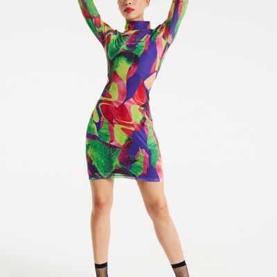 HOUSE OF HOLLAND ABSTRACT MULTICOLURED PRINT MINI DRESS WITH  CUT OUT DETAILS