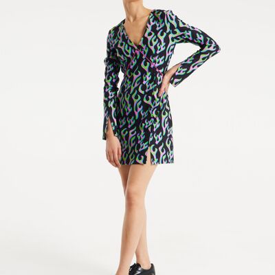 HOUSE OF HOLLAND NEON GREEN AND PINK FLAME PRINT LONG SLEEVE MINI DRESS