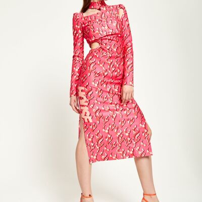 HOUSE OF HOLLAND PINK FLAME CLASHING COLOURS MIDI DRESS WITH CUT OUT DETAILS