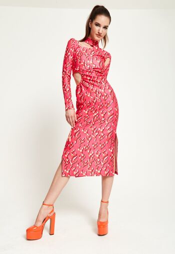 ROBE MIDI HOUSE OF HOLLAND FLAMME ROSE COULEURS CHOCORDANTES AVEC DÉTAILS DÉCOUPÉS 2