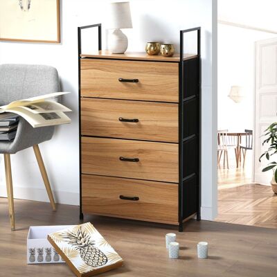 Chest of drawers with 4 non-woven drawers with wooden decor front - L60 cm
