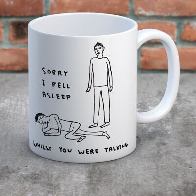 Tasse (in Geschenkbox) – lustiges Geschenk – „Fell A Sleep Talking“.