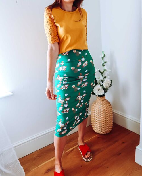 Green Floral Midi Jersey Skirt