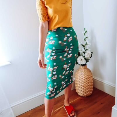 Falda midi de punto con estampado floral verde