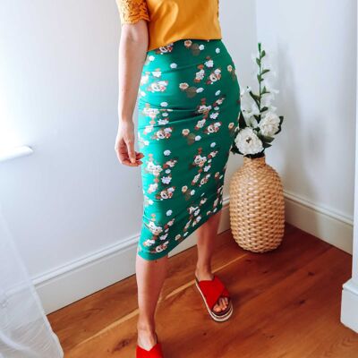 Falda midi de punto con estampado floral verde