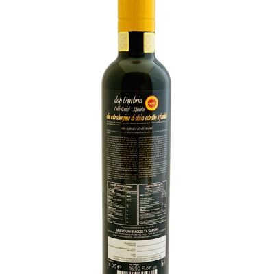 Bouteille 0,5 litre. Huile d'olive extra vierge D.O.P. Umbria Colli Assise-Spolète