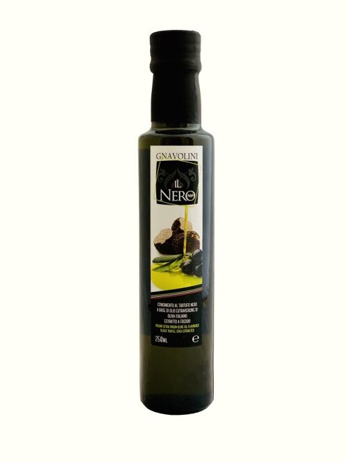 Condimenti aromatizzato al TARTUFO NERO a base di olio extravergine di oliva 100 % italiano estratto a freddo.