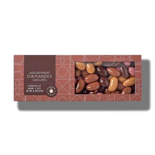 Assortiment d'amandes grillées au chocolat noir, lait, Ruby et blond 230g