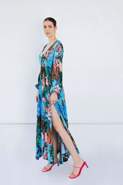 Jersey V Neck Maxi Dress in Paint Stroke Print