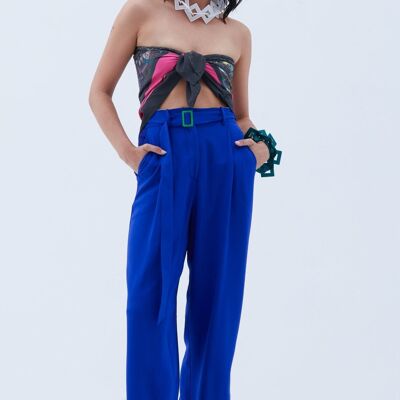 Pleated High-Waisted Wide Leg Trouser in Blue