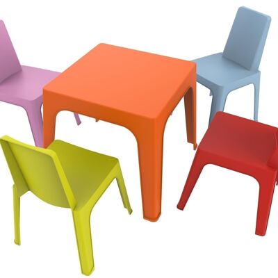 JULIETA SET 2 (TABLE ORANGE+4 CHAISES ROUGE/ROSE/BLEU/CITRON VERT) VT21166