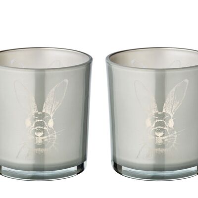 Set of 2 tealight glasses bunny (height 8 cm, ø 7.5 cm), in grey, tealight holder lantern with bunny motif