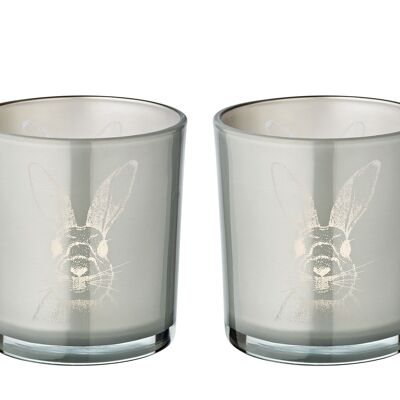 2er Set Teelichtglas Hase (Höhe 8 cm, ø 7,5 cm), in Grau, Teelichthalter Windlicht mit Hasen-Motiv