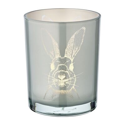 Lantern rabbit (height 12.5 cm, ø 10 cm) in grey, tealight holder, tealight glass with rabbit motif