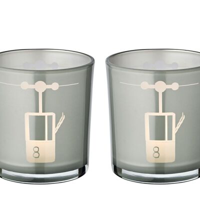 Lot de 2 bougies chauffe-plat en verre (hauteur 8 cm, ø 7,5 cm) en gris, lanterne avec motif sportif de remontées mécaniques