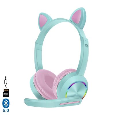Cat AKZ-K23 children's gaming headphones with RGB led lights. Bluetooth 5.0, foldable microphone, Micro SD, Aux input. DMAN0007C29