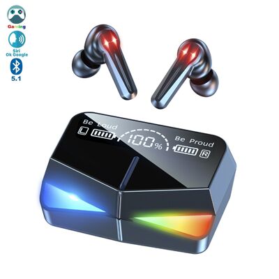 Auriculares Gaming M28 TWS, Bluetooth 5.1. Modos de sonido gaming y música. Base de carga con luces led RGB. Control táctil. DMAL0056C00