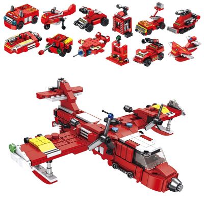 Avion de secours incendie 12 en 1, avec 572 pièces. Construisez 12 modèles individuels avec 2 formes chacun. DMAK0298C50