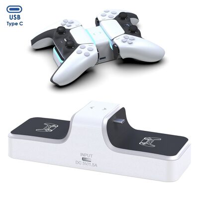 Dual charger for 2 PS5 controllers. Includes USB charging outlet. DMAF0020C01