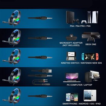 Casque H1003 Ultra-Flexible Premium .10 FULL RGB lights. Casque de jeu avec microphone, connexion minijack pour PC, ordinateur portable, PS4, Xbox One, mobile, tablette. DMAL0035C30 4