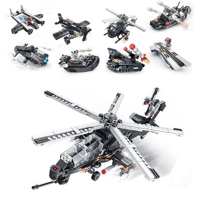 8-in-1 armed helicopter, with 712 pieces. Build 8 individual models with 3 shapes each. DMAK0277C04