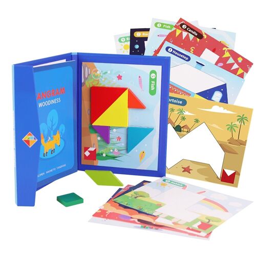 Libro con Tangram de madera magnético, nuevo desafío de completar fichas con dibujos. Incluye múltiples desafíos clásicos. DMAH0063C30