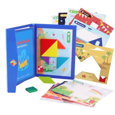 Book with magnetic wooden Tangram, a new challenge to complete tiles with drawings. Includes multiple classic challenges. DMAH0063C30
