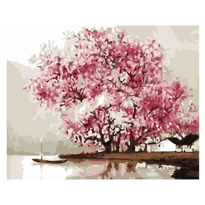 Lienzo con dibujo para pintar con números, de 40x50cm. Diseño árboles de primavera. Incluye pinceles y pinturas necesarias. DMAH0066C10
